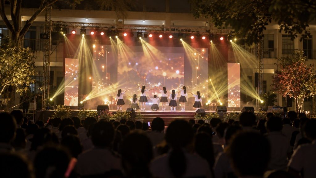 Sân khấu ngoài trời trong sân trường vào buổi tối với ánh đèn màu và học sinh biểu diễn
