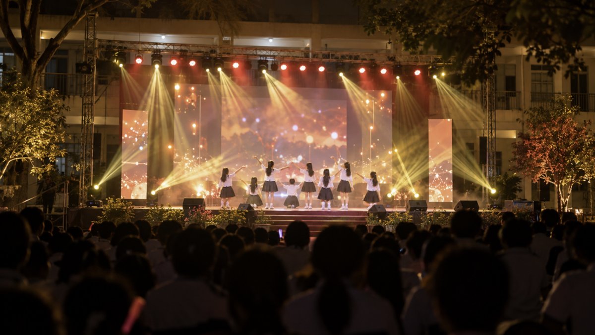 Sân khấu ngoài trời trong sân trường vào buổi tối với ánh đèn màu và học sinh biểu diễn